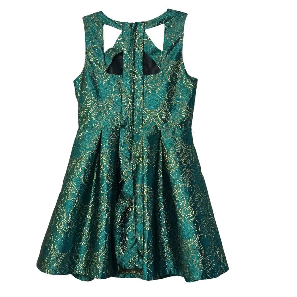 The Children’s Place Girls Dress Size 14 Teal Green Gold Brocade Party Holiday